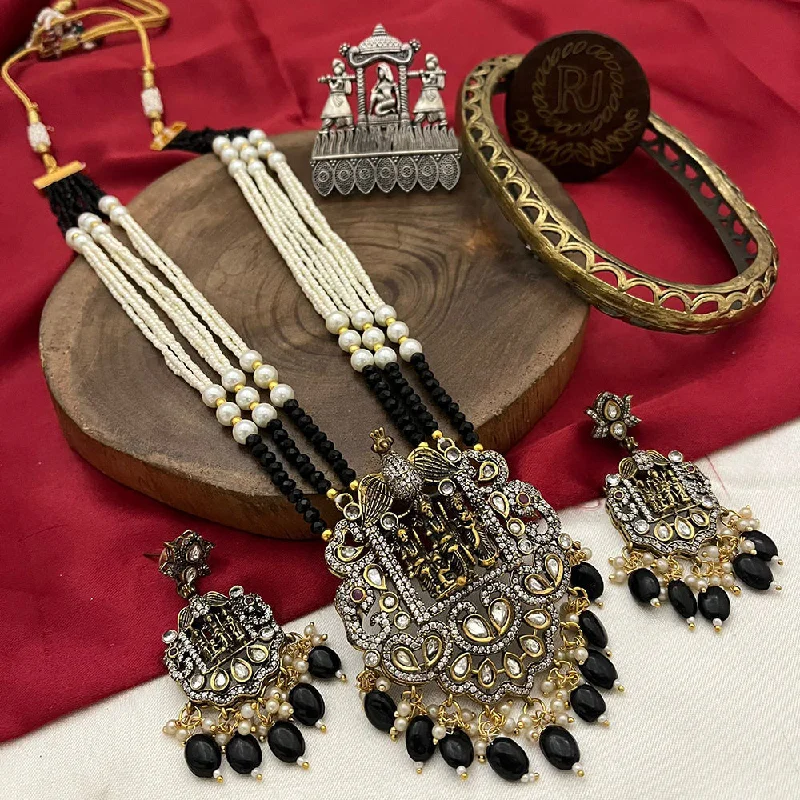 bohemian necklaces for women -FS Collection Gold Plated Polki Kundan Stone Temple Long Necklace Set