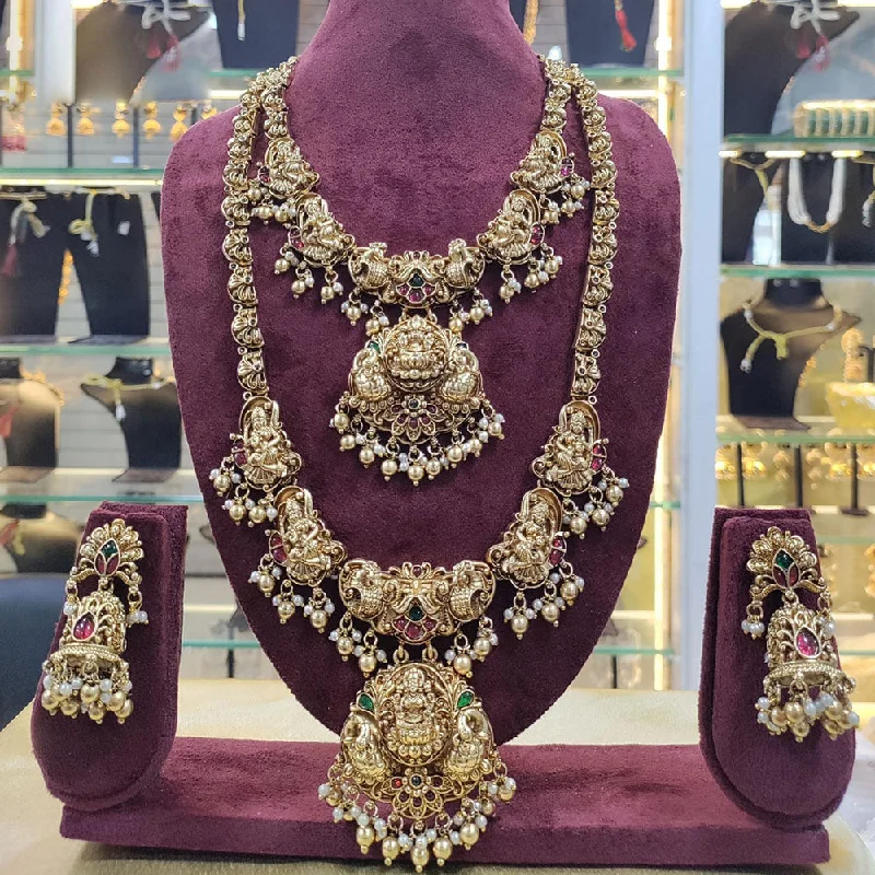 charm necklaces for women -Manisha Jewellery Gold Plated Pota Stone And Pearls Temple Double Necklace Set