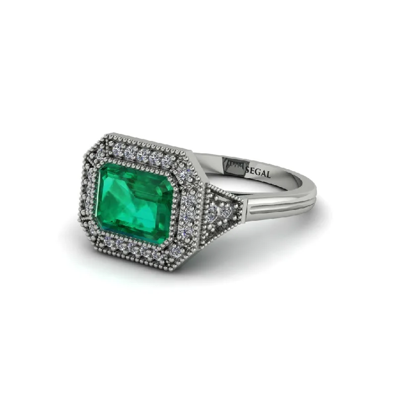 Emerald Cut Emerald Milgrain Halo Engagement Ring - Juniper No. 6