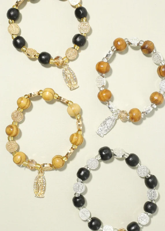 thick chain bracelets for women -Rosary Wood Bead Bracelet