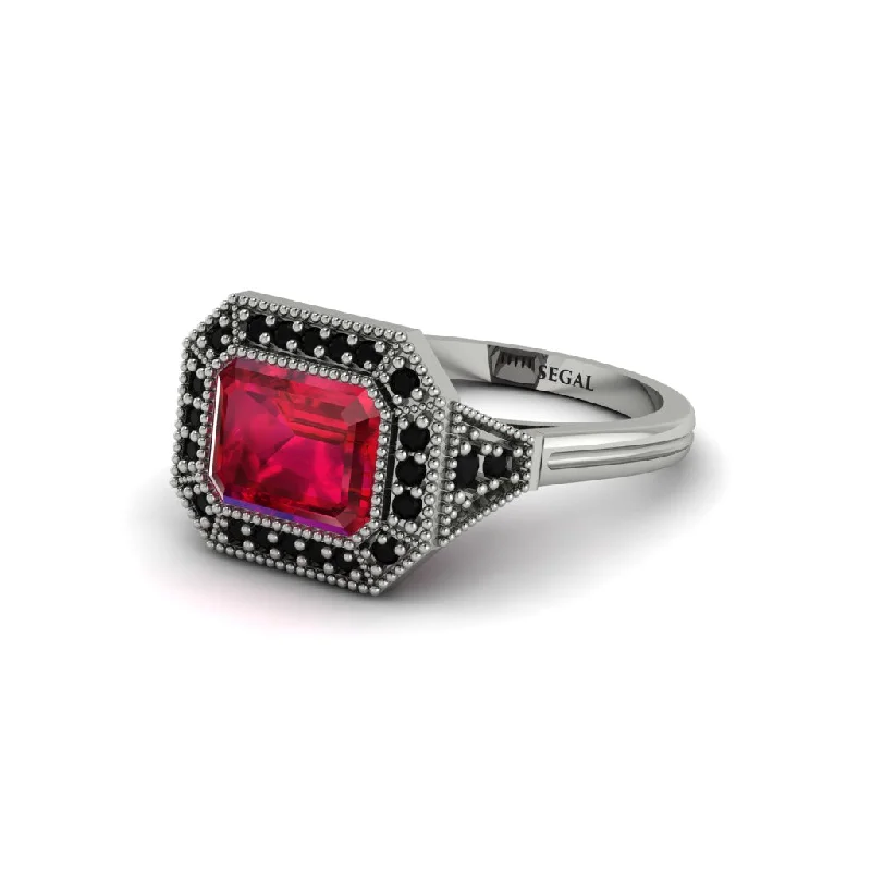 Emerald Cut Ruby Milgrain Halo Engagement Ring - Juniper No. 42