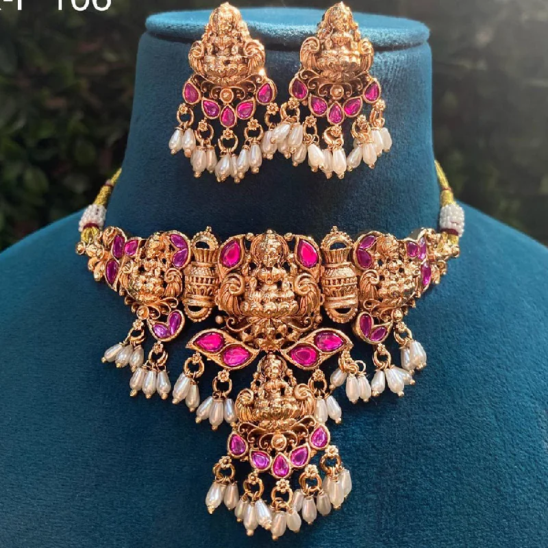 birthstone necklaces for women -Royal Kundan Jewellery Gold Plated Pota Stone And Pearls Temple Choker Necklace Set