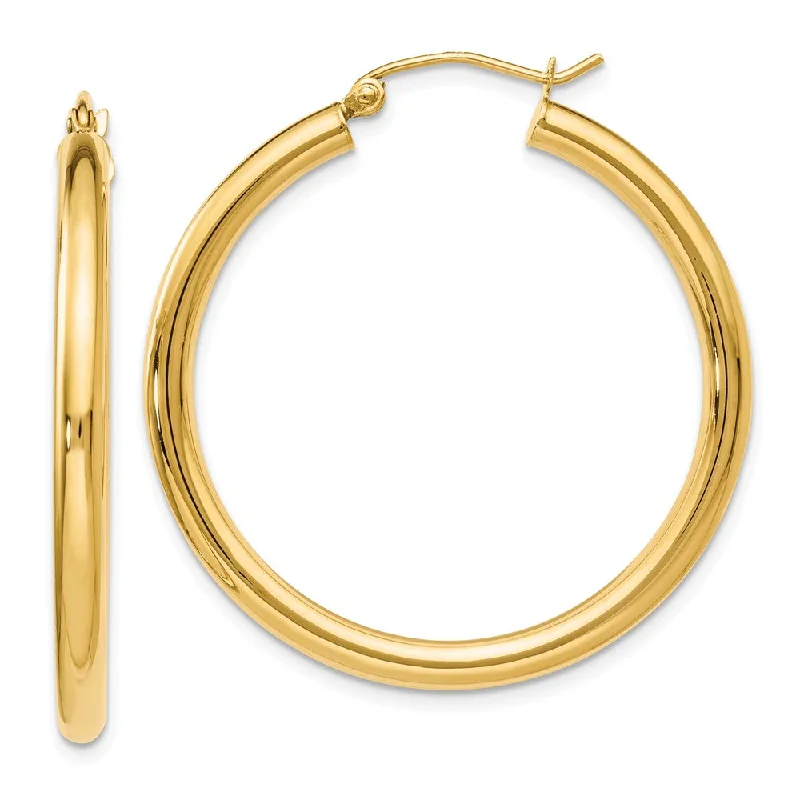 sun earrings for women -3mm Round Hoop Earrings in 14k Yellow Gold, 35mm (1 3/8 Inch)