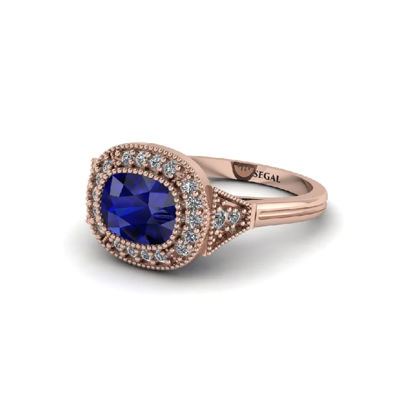 Cushion Cut Sapphire Milgrain Halo Engagement Ring - Blake No. 14