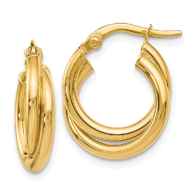 vintage-inspired earrings for women -4mm Crossover Double Round Hoop Earrings in 14k Yellow Gold, 17mm