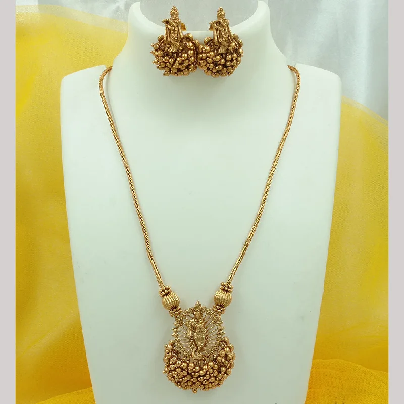 sun pendant necklaces for women -FS Collection Gold Plated Pearls Temple Long Necklace Set