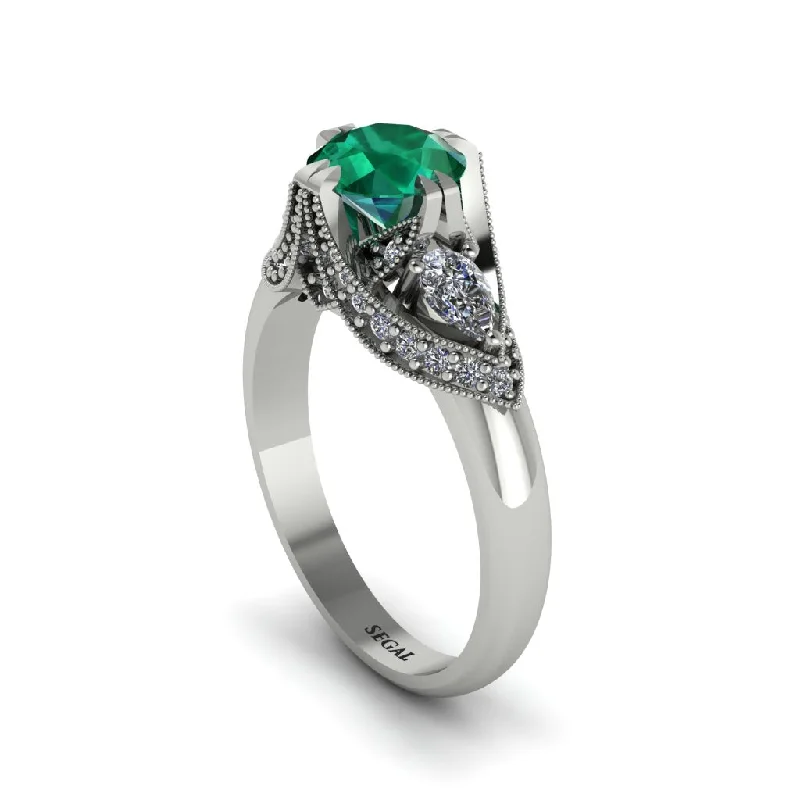 Emerald Vintage Round Cut Engagement Ring - Kali No. 6