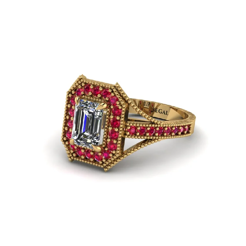 Emerald Cut Ruby Milgrain Halo Engagement Ring - Xanthe No. 46