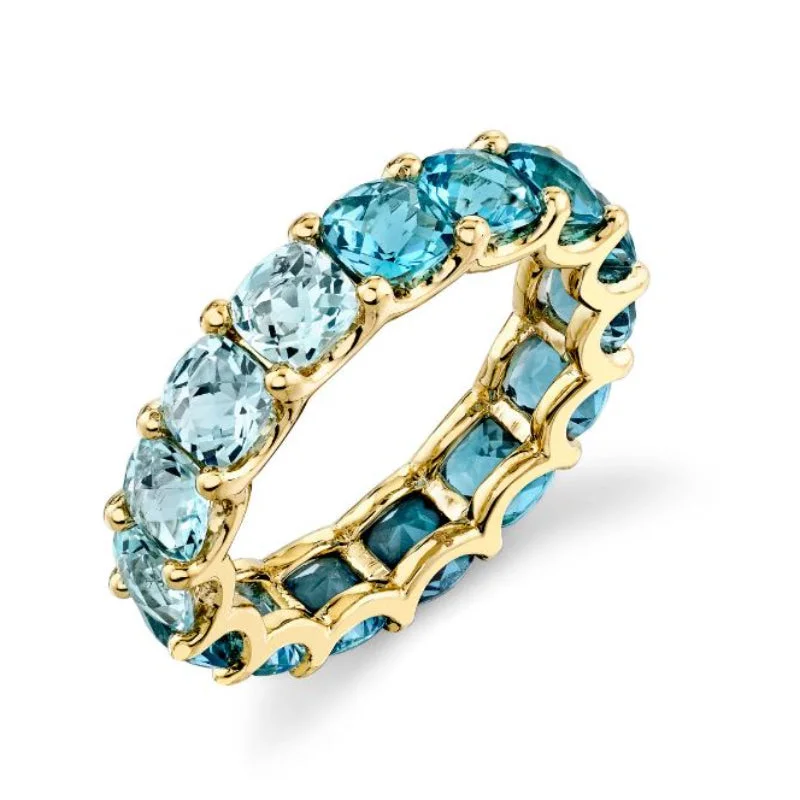 aesthetic rings for women -18K Yellow Gold Graduated Blue Topaz Eternity Band